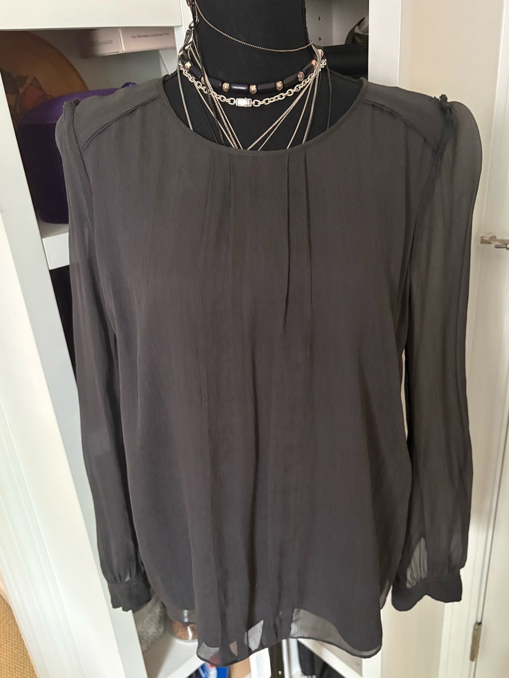 J. Crew Sheer gauzy Long-Sleeve Blouse Buttons in Back in Charcoal Grey